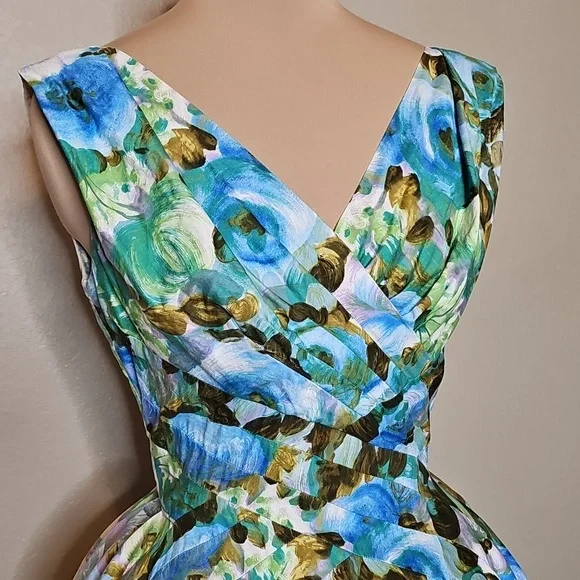 True Vintage Alix Of Miami 1950s Fit And Flare Floral Dress Blue, Green Cupcake - Picture 4 of 17